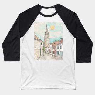 Church of Our Lady Bruges Belgium Cityscape Watercolor Illustration Baseball T-Shirt